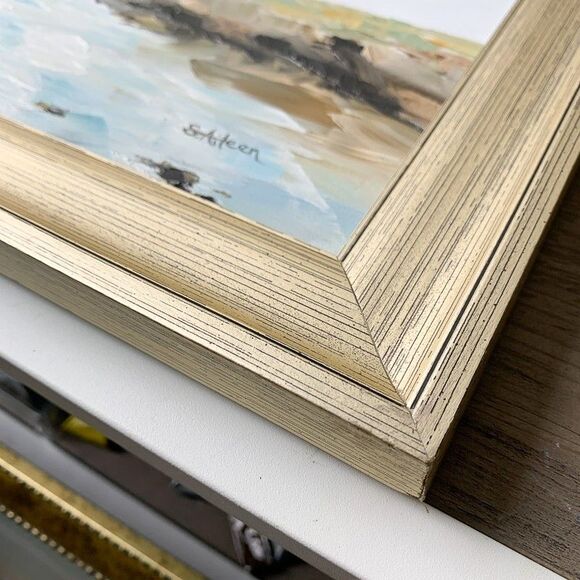 Gold Framed Original Oil Painting Coastal Seascape Blue Sky Water 14x17" Signed - Picture 3 of 10